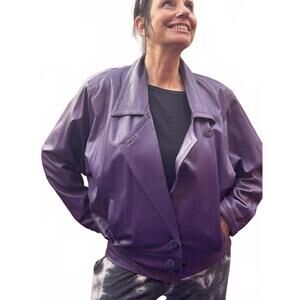 80's Vintage Purple Leather Double Breasted Bomber Jacket for Women XL